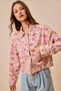 SO ME Floral Print Cotton Twill Button Down Barn Jacket in Blush Pink - front view