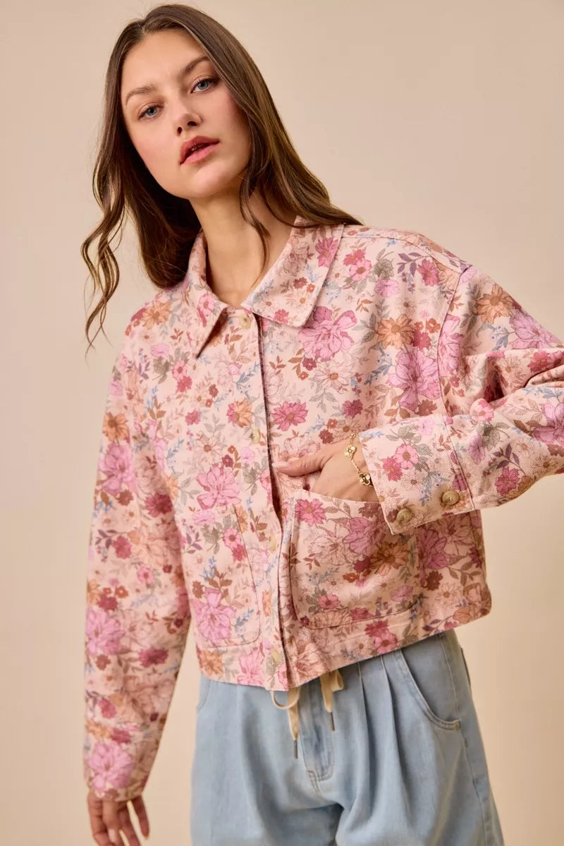 SO ME Floral Print Cotton Twill Button Down Barn Jacket in Blush Pink - front view