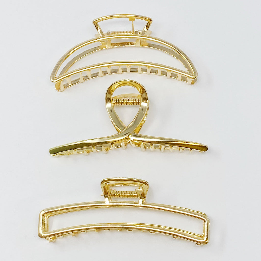 Gold Mine Hair Claw Set Of 3 - three gold finish hair claws with distinct designs