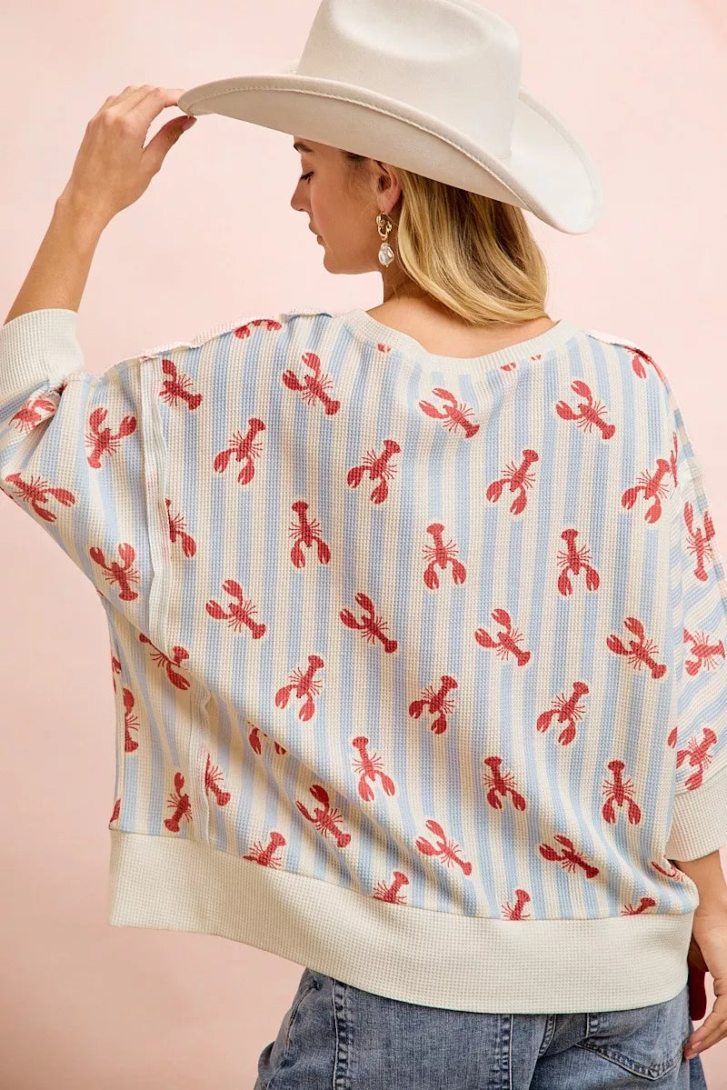 BiBi 4th Of July Lobsters Stripe Waffle Knit Sleeve Top - full length view