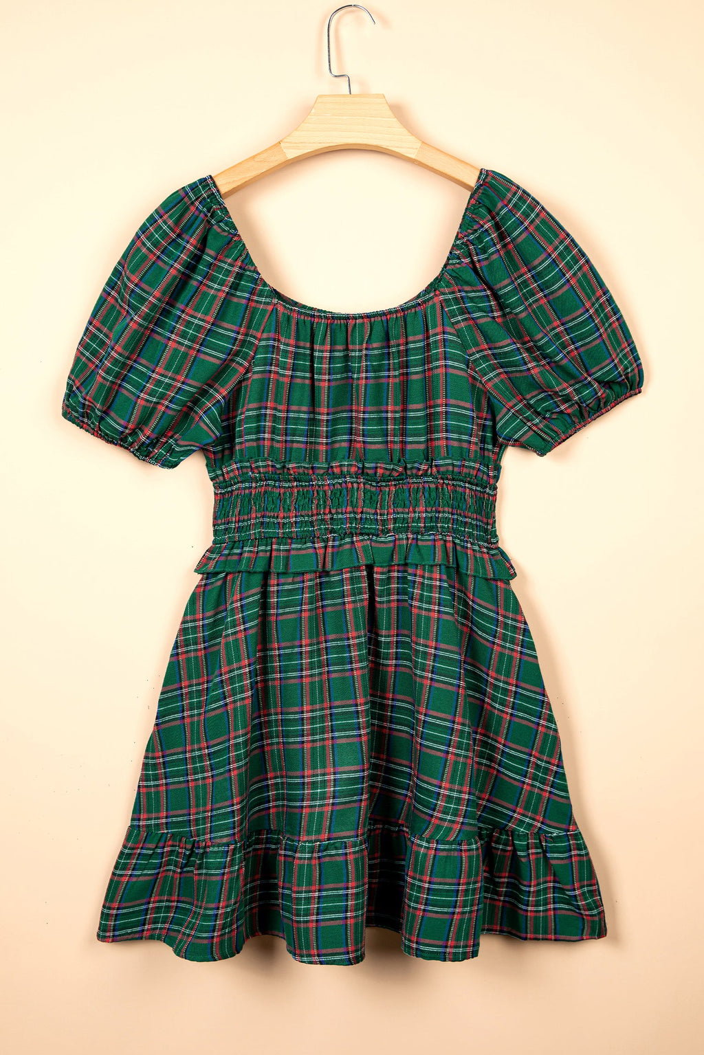 Plaid Shirred Scoop Neck Short Sleeve Mini Dress in Green, styled view
