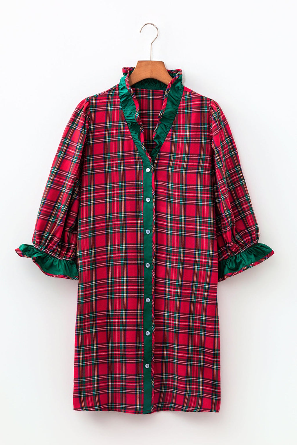 Plaid Ruffle Colorblock Buttoned Mini Dress in Red, detail view