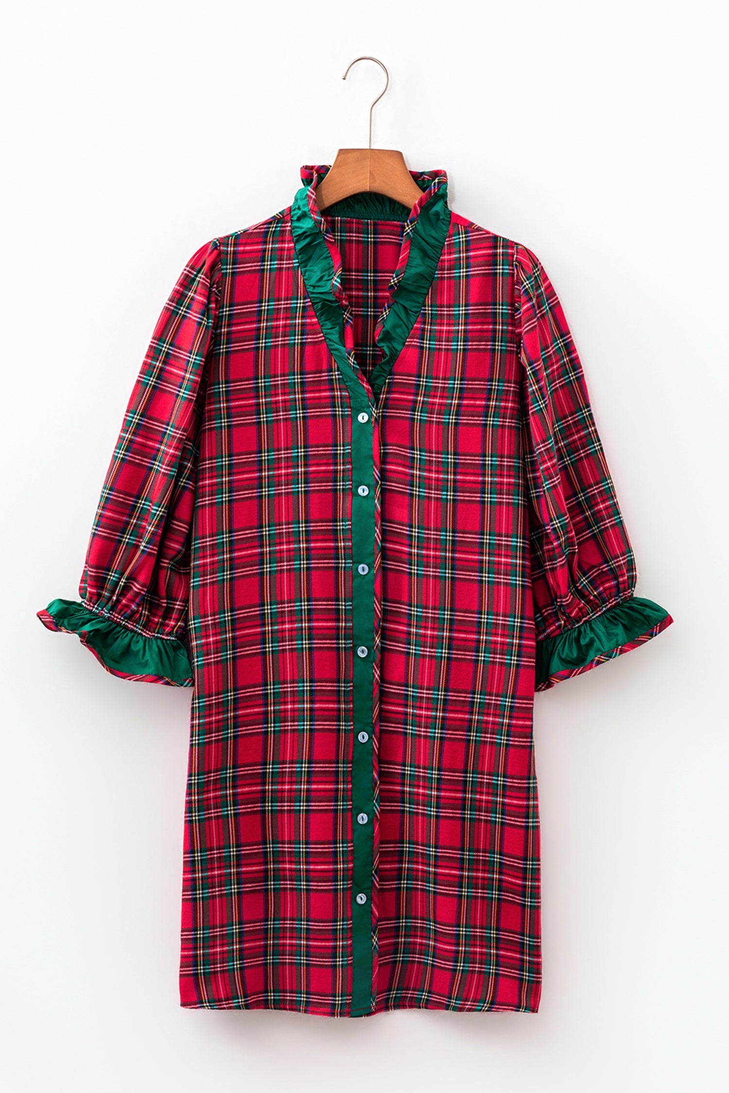 Plaid Ruffle Colorblock Buttoned Mini Dress in Red, detail view