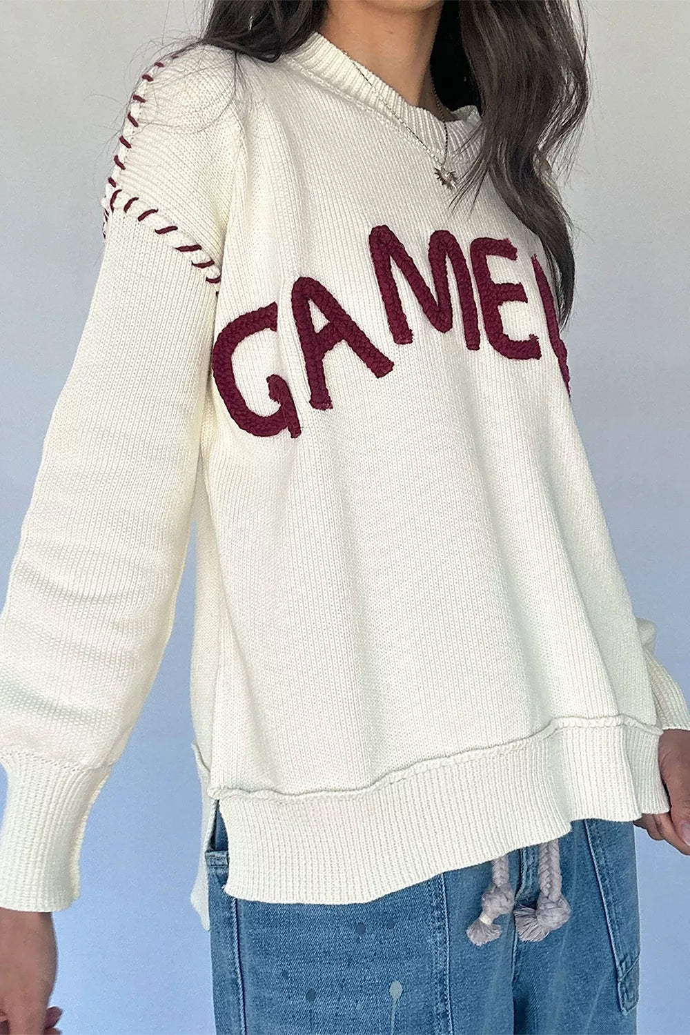 Drop Shoulder Game Day Letter Sweater - drop shoulder lettering sweater, view 3