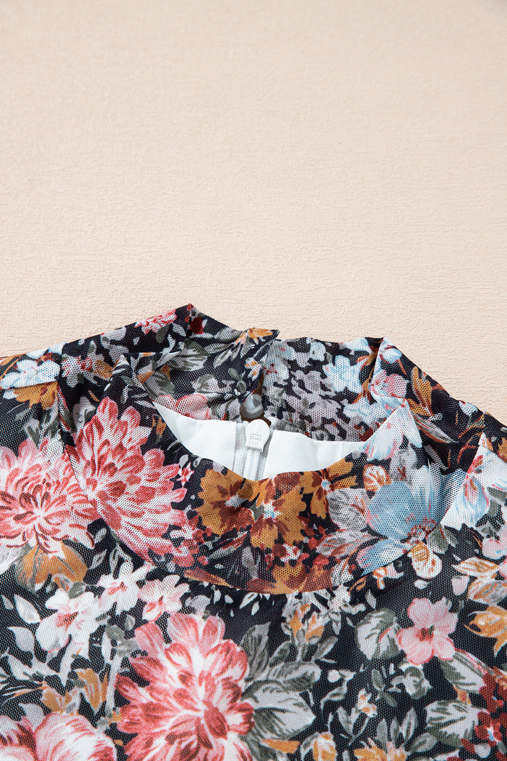 Floral Mock Neck Bodycon Midi Dress in brown, close-up