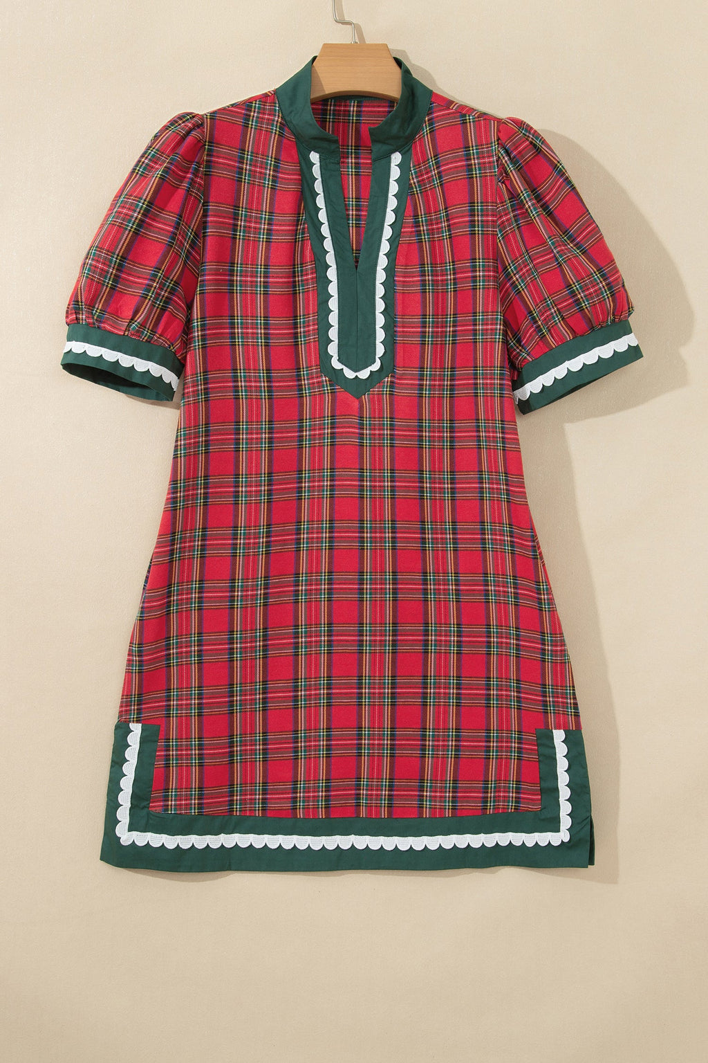 Plaid Contrast Trim Short Sleeve Mini Dress in Red, detail view