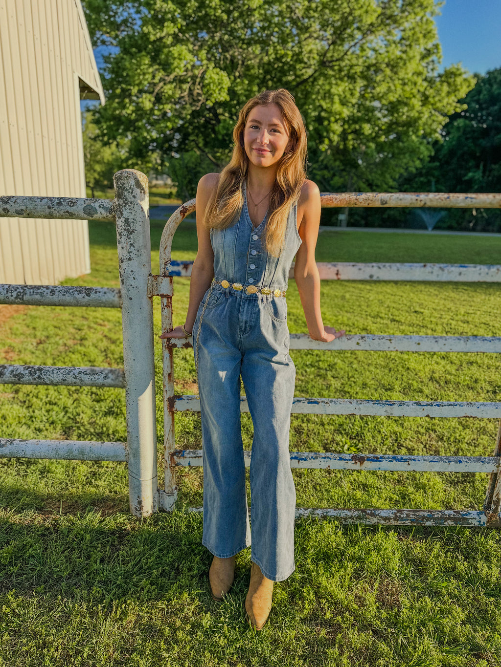 V-neck Wide Leg Denim Jumpsuit