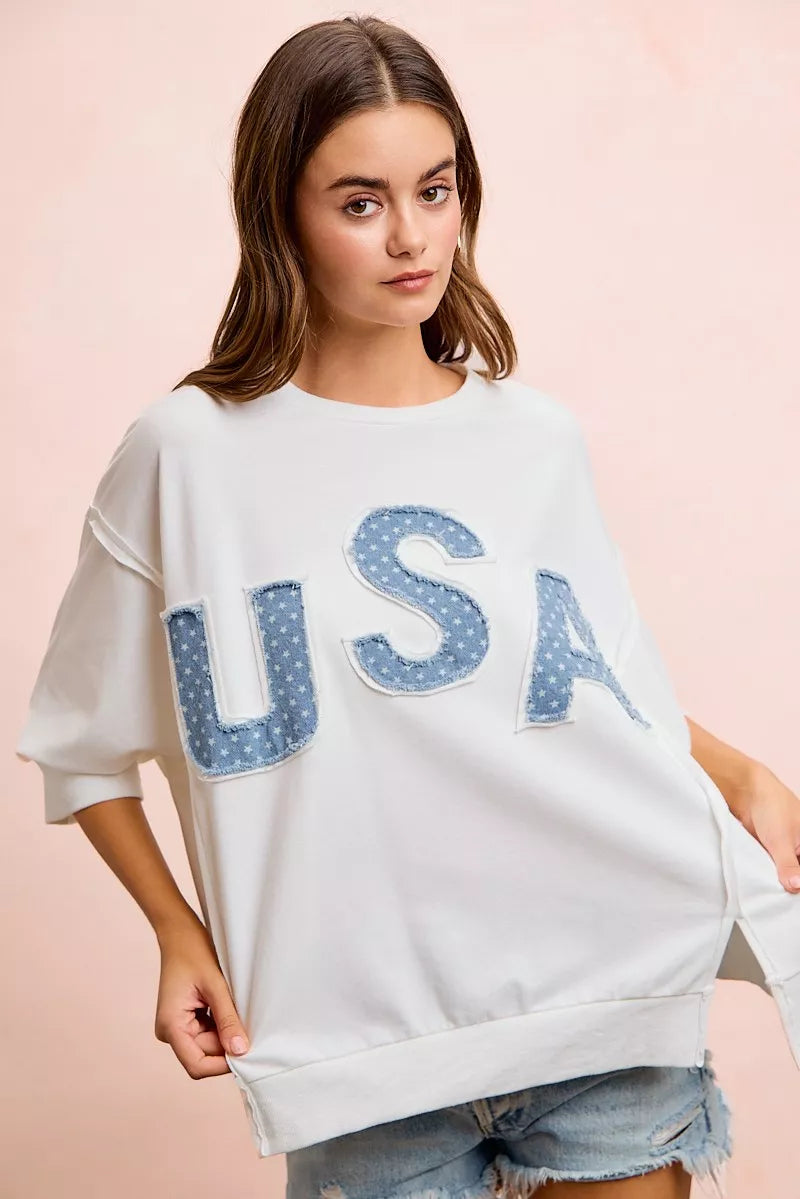 BiBi 4th Of July USA Letter Patchwork French Terry Top - styled casual outfit view