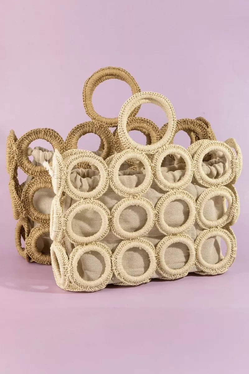 Fame Straw Round Pattern Mesh Hand Bag - back view