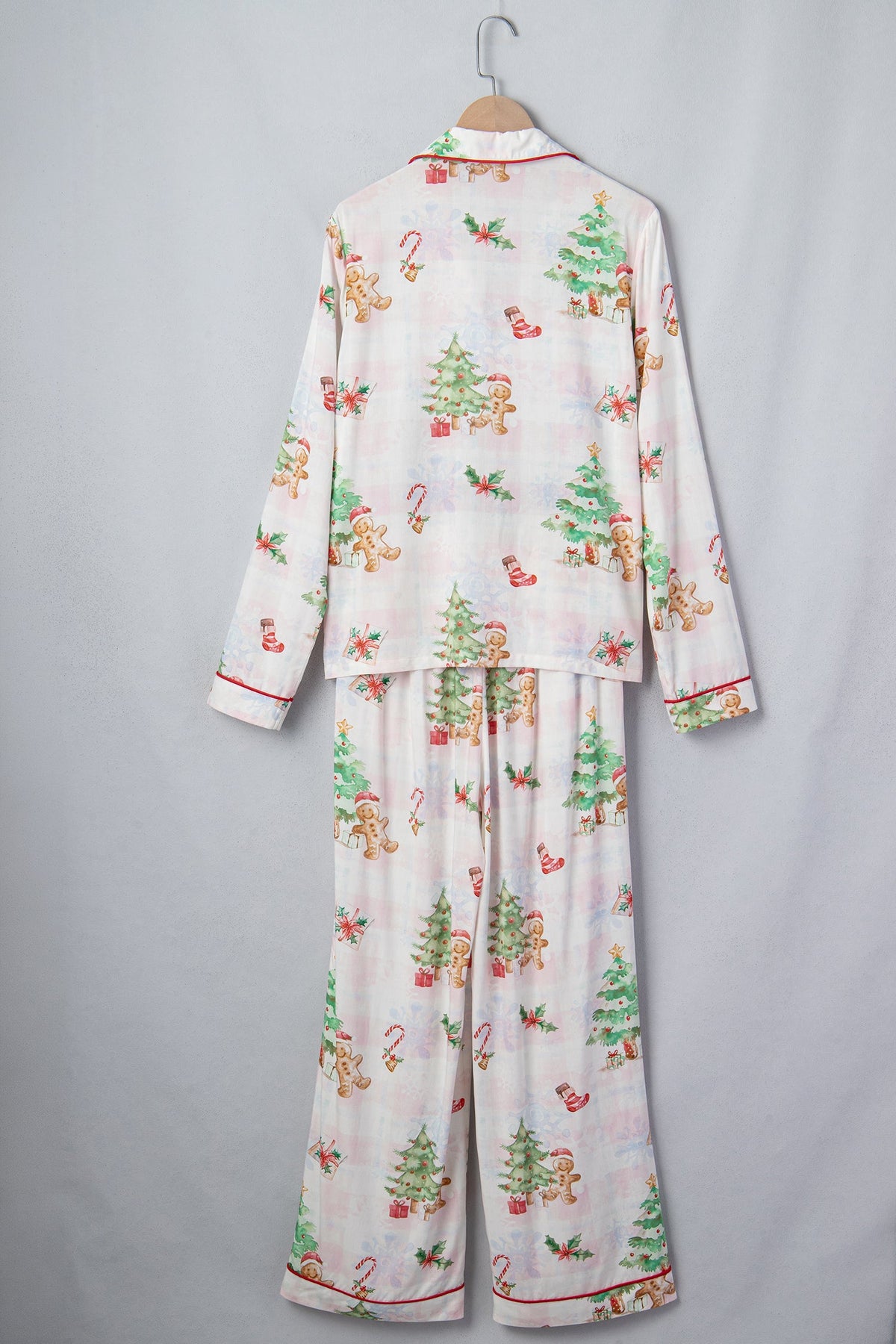 Christmas Plaid Gingerbread Pajama Set in pink, styled view