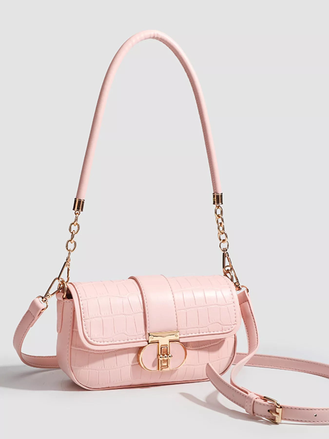 Textured Flap Shoulder Bag in Pink - close up of textured PU leather and flap detail