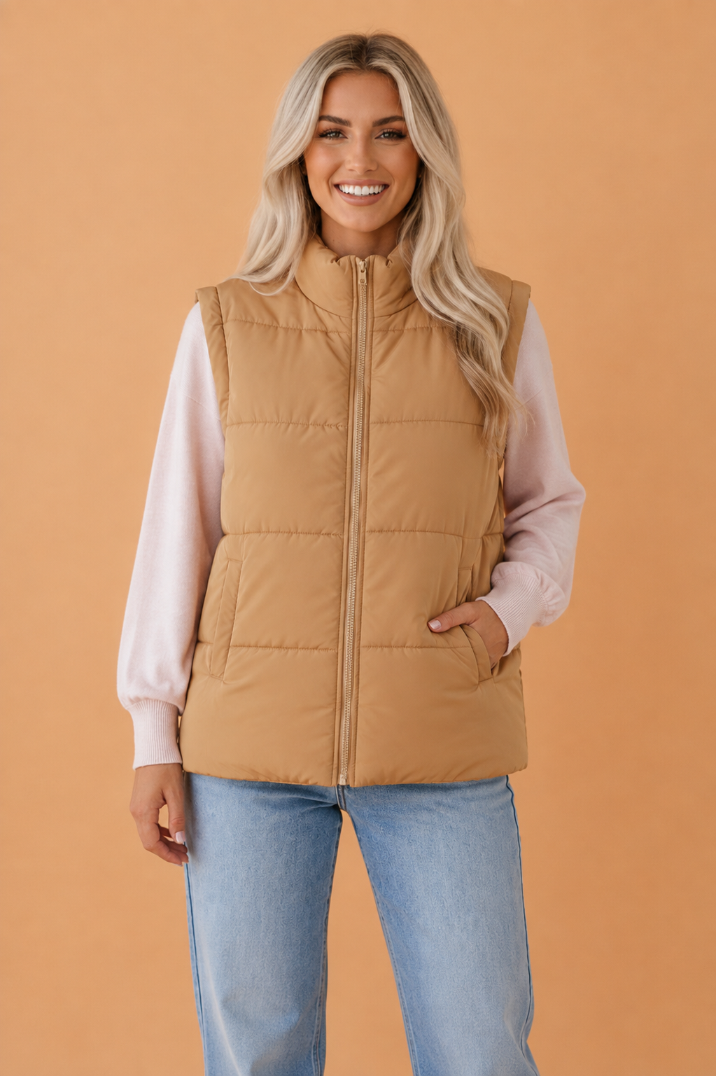 Standing Collar Zip-Up Puffer Vest in khaki, front view