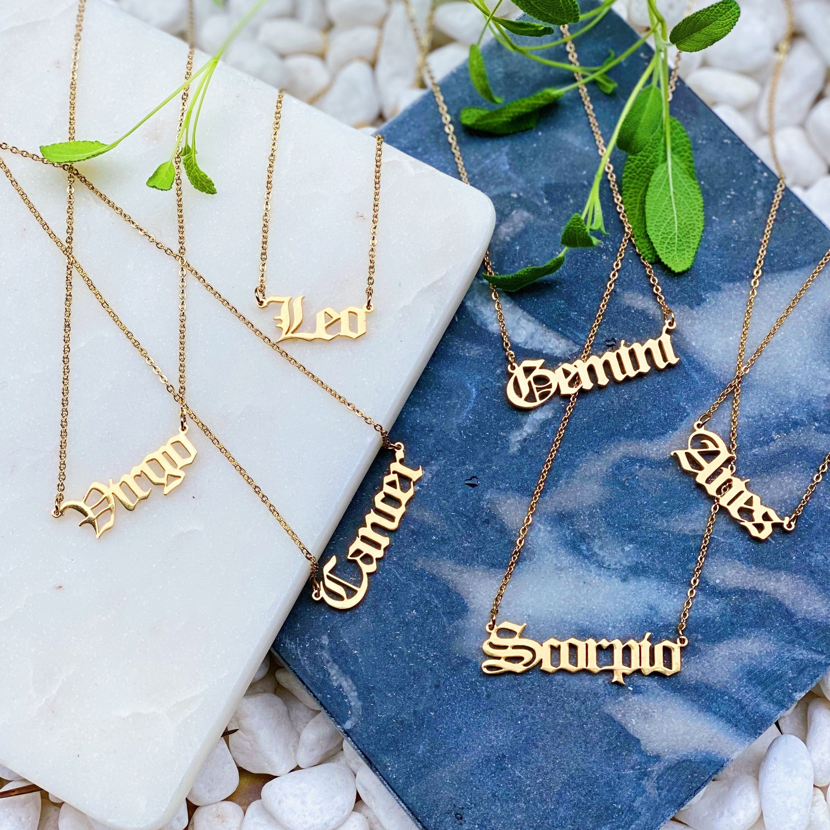 Old English Zodiac Necklace - Capricorn pendant in Old English font