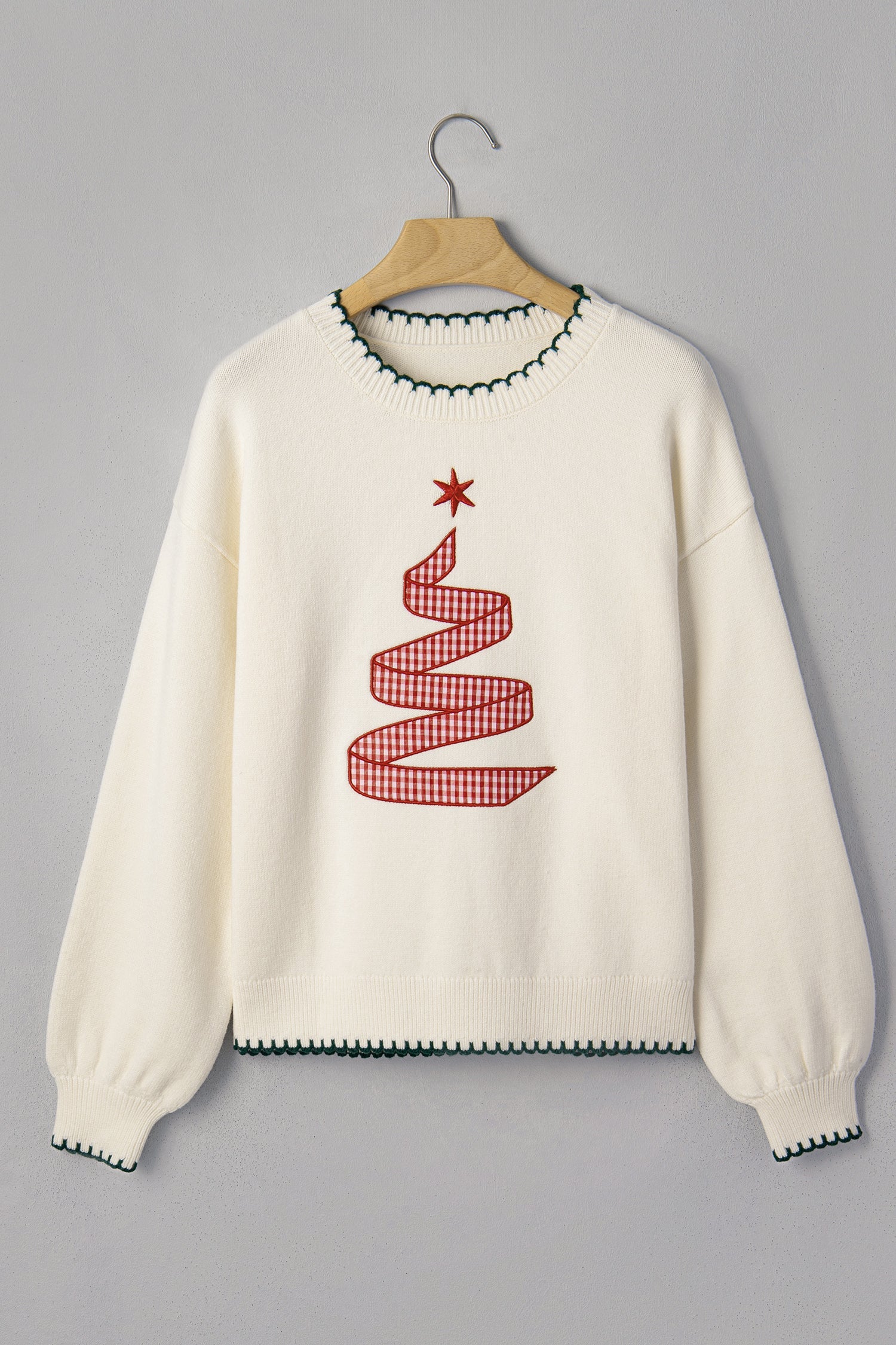 Gingham Christmas Tree Contrast Stitching Sweater, detail view