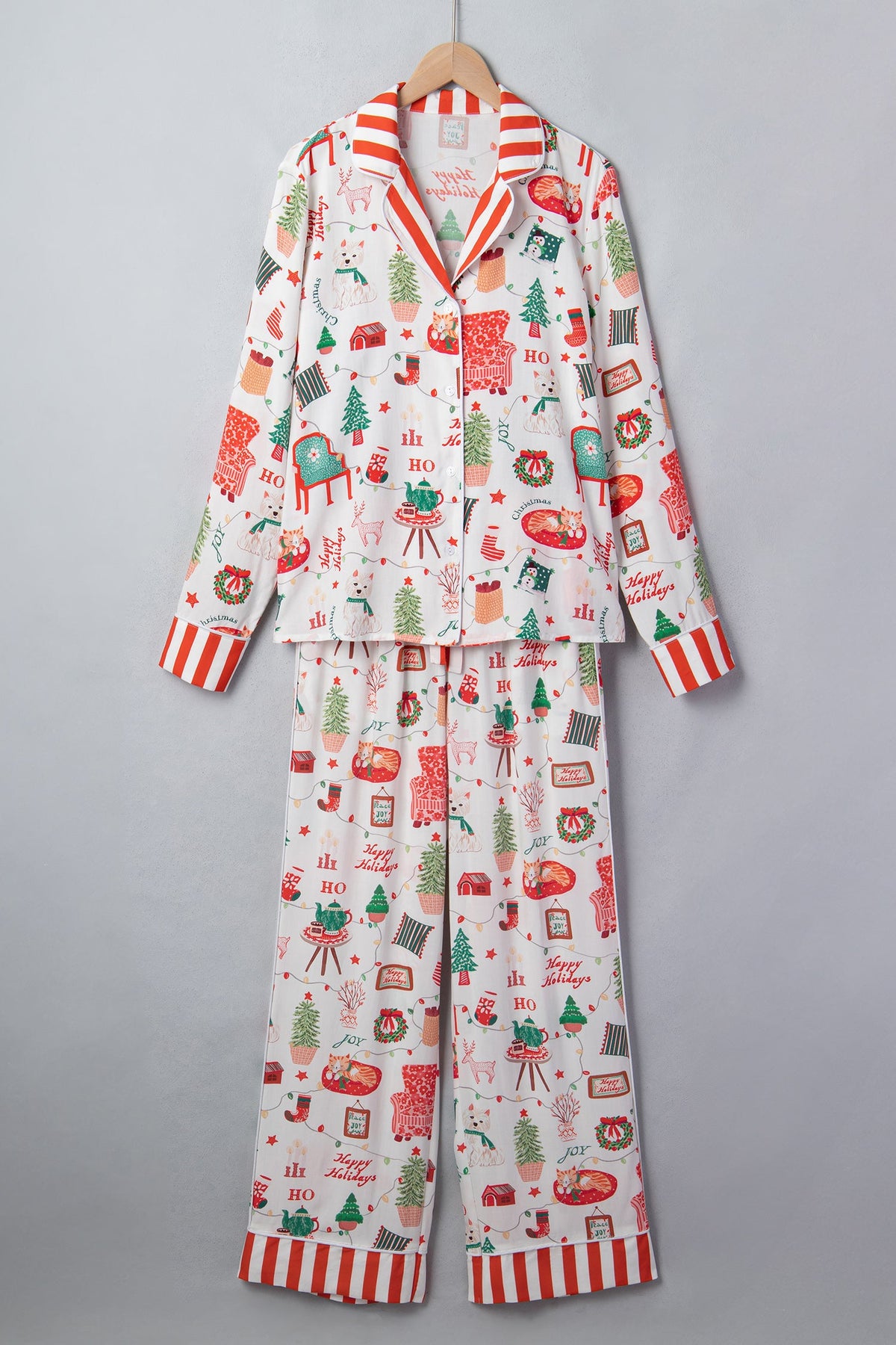 Christmas Stripe Trim Pajama Set in white, detail view