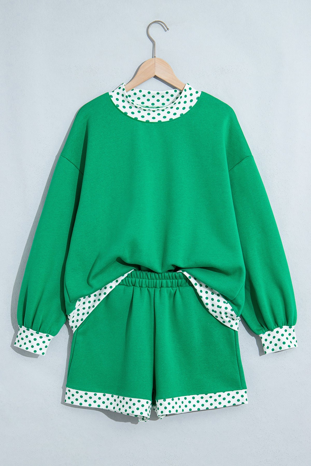 Polka Dot Gingham Trim Sweatshirt & Shorts Set in bright green, detail view
