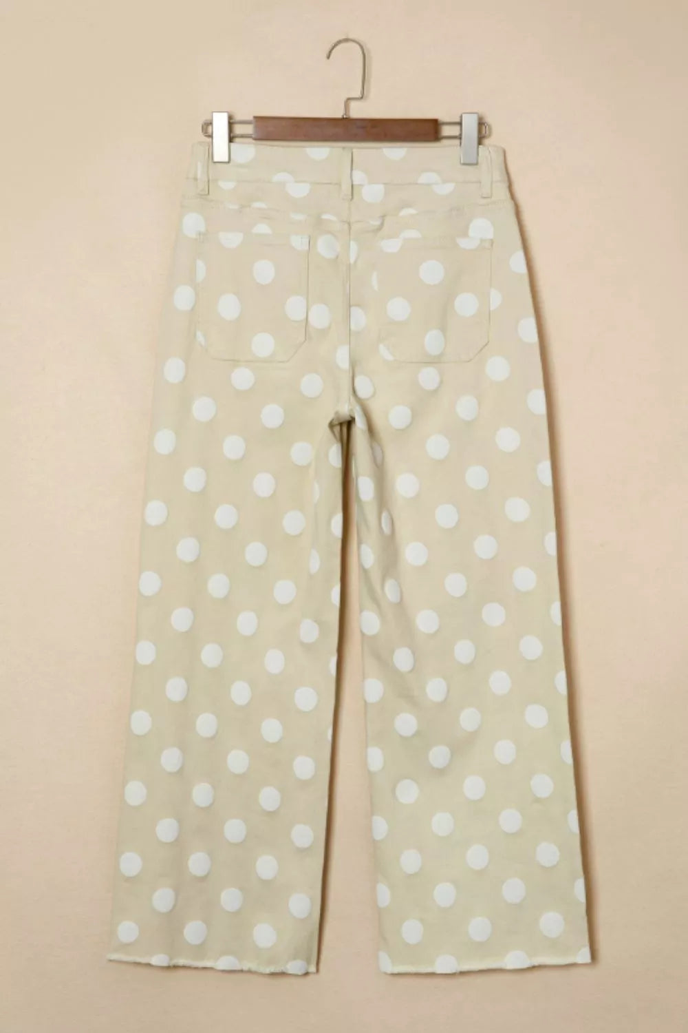 Polka Dot High-Waisted Wide Leg Jeans in Ivory - close up of polka dot fabric