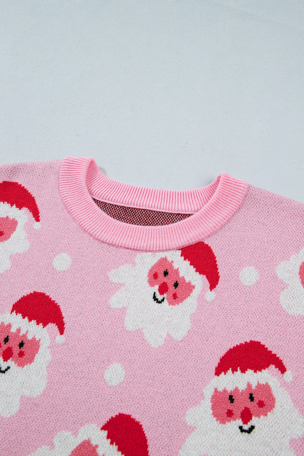 Santa Ribbed Trim Long Sleeve Christmas Sweater in Pink, back view