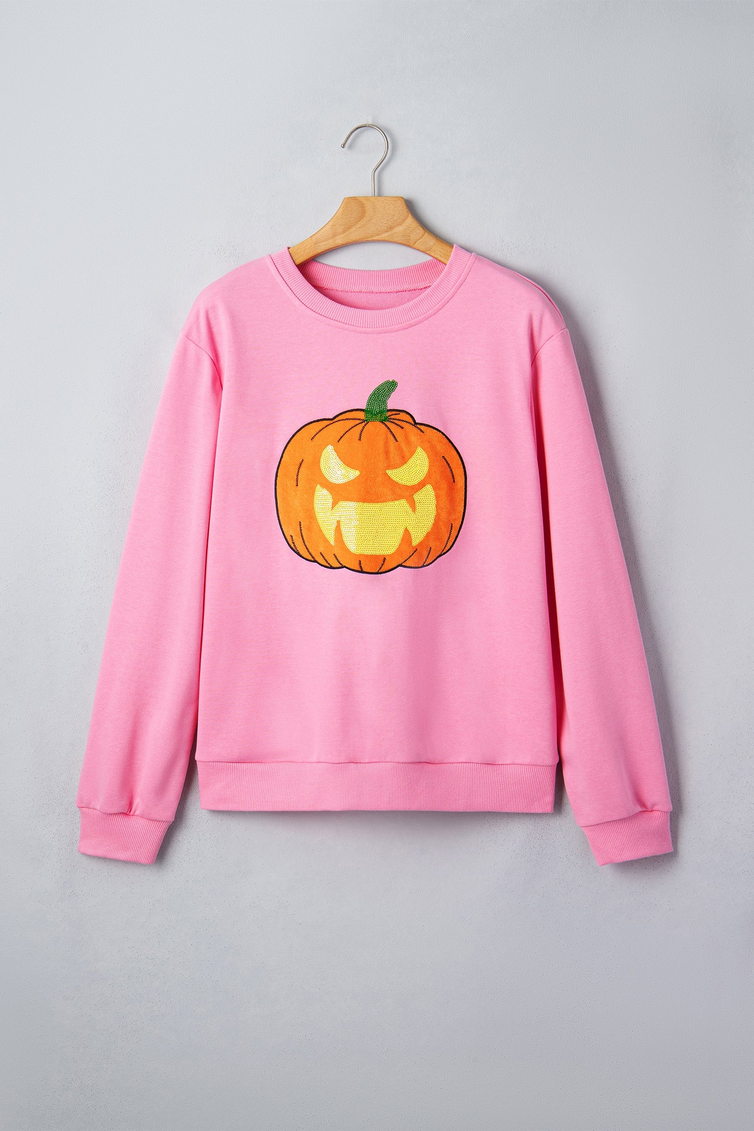 Halloween Embroidered Jack-O-Lantern Sweatshirt in Pink, detail view