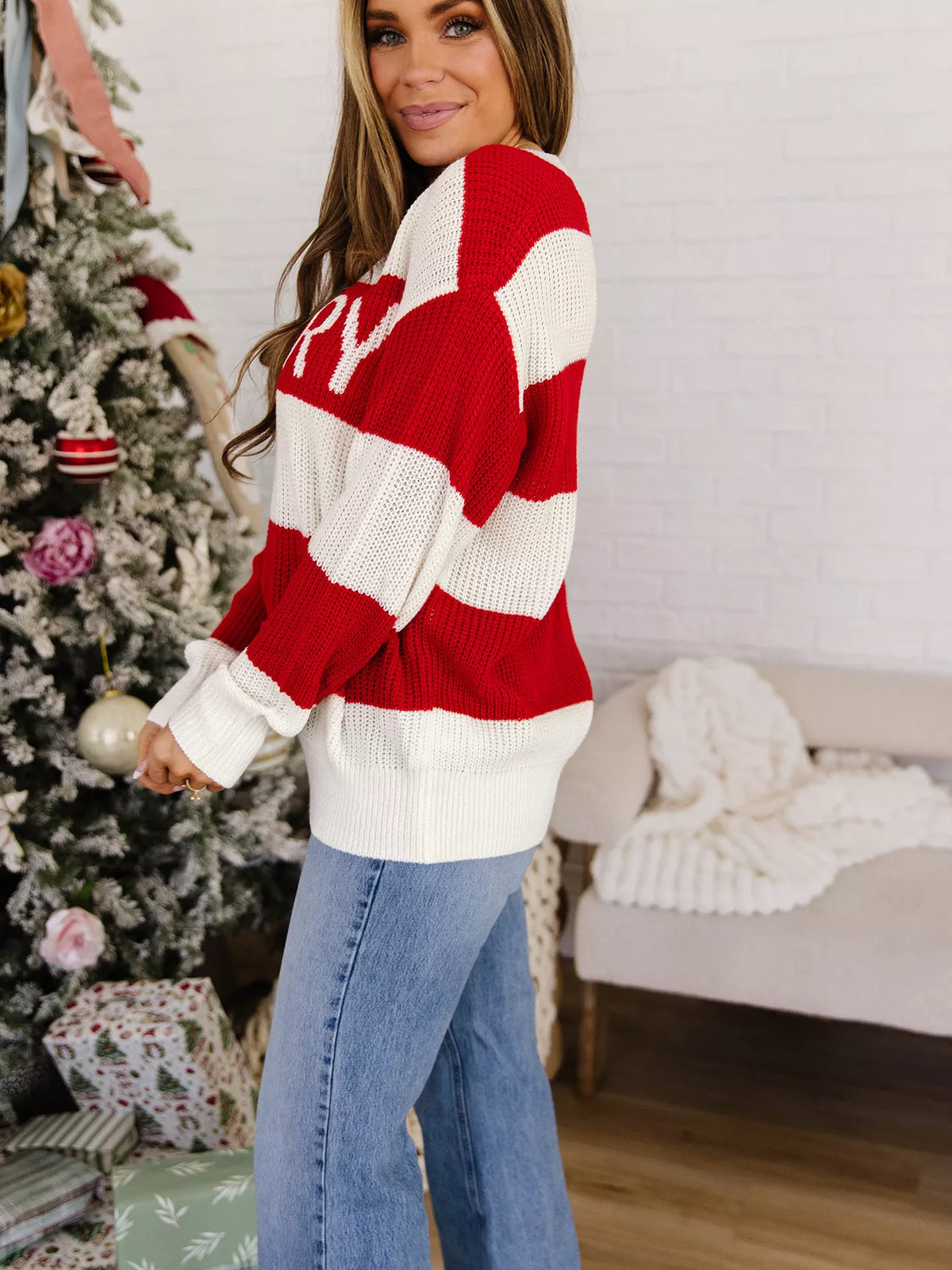 Scarlet striped MERRY Christmas sweater with drop shoulder - view 7