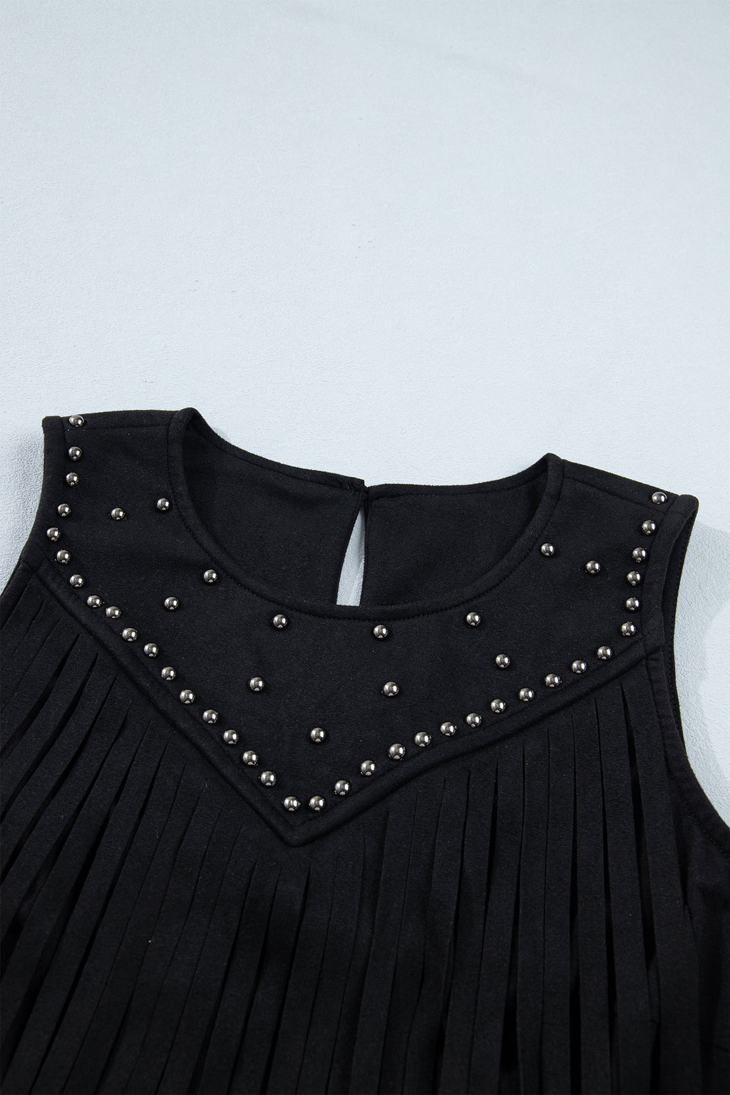 Western Fringe Rivet Panel Sleeveless Top - side view showing fringe movement