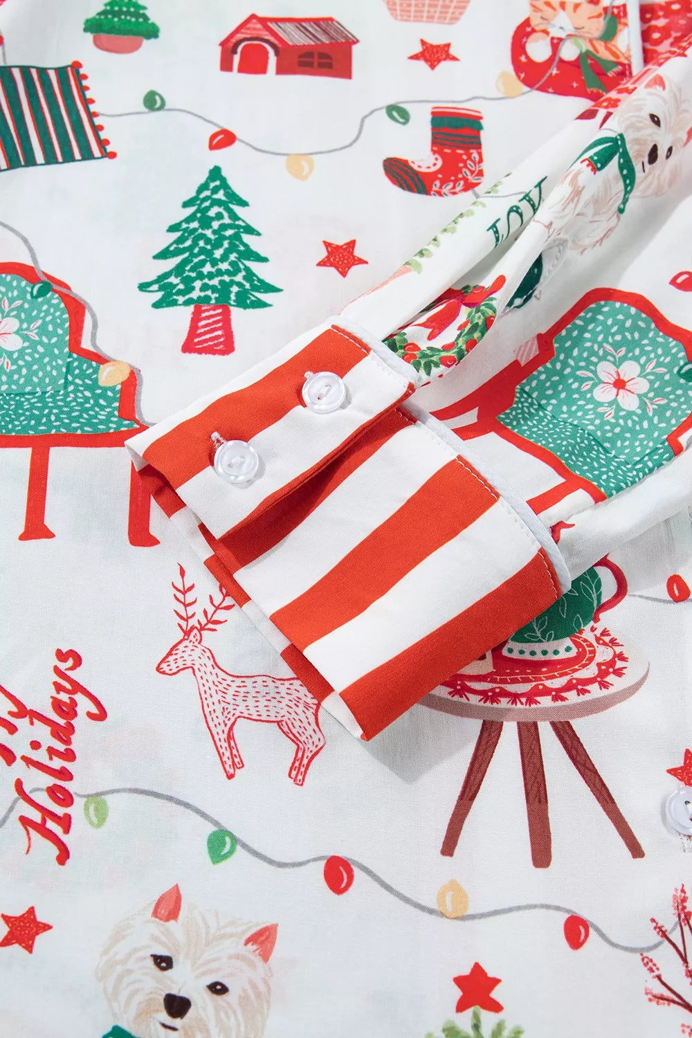 White striped holiday lounge set with button-front top and pants - view 18