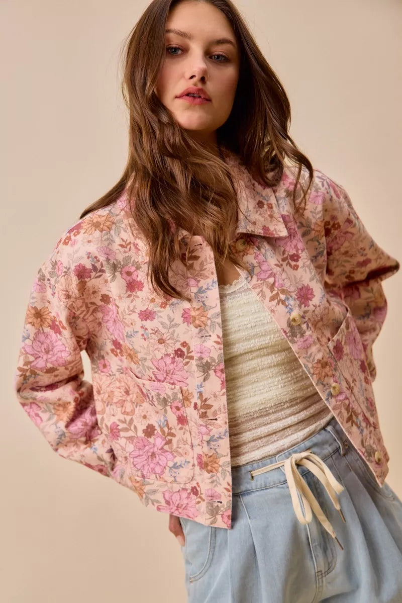 SO ME Floral Print Cotton Twill Button Down Barn Jacket - close up of floral print and button detail