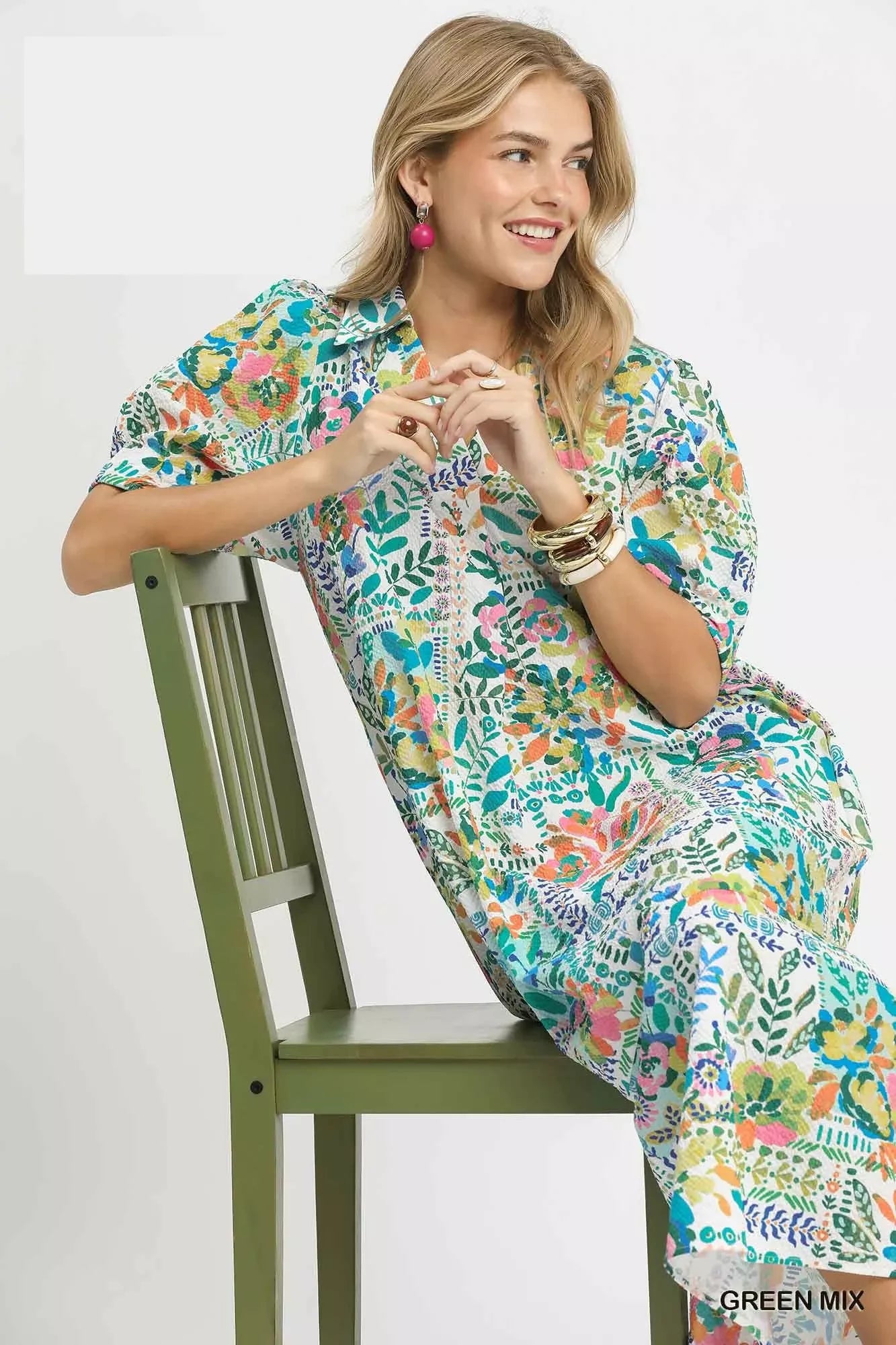 Umgee Folk Print Midi Dress in Green Mix - full length view