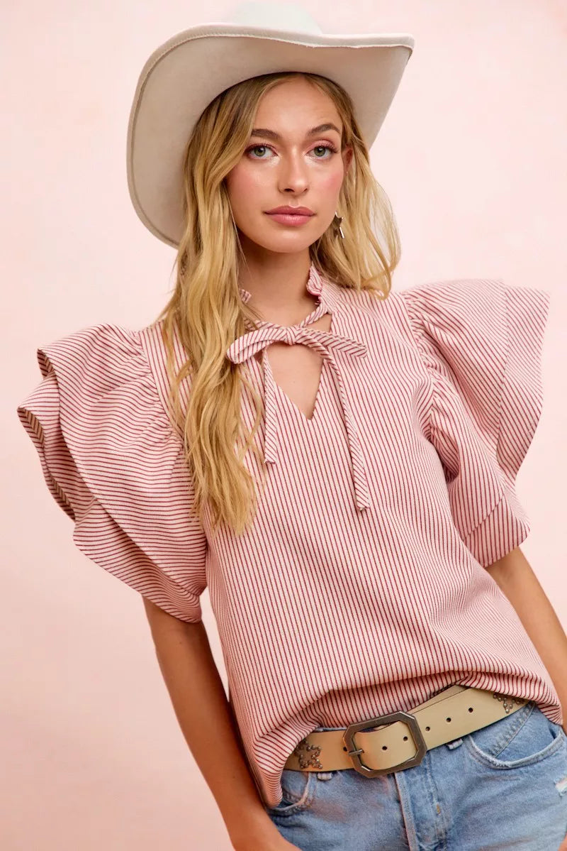 BiBi Twill Striped Ruffle Sleeve Blouse - twill striped ruffle blouse, view 5