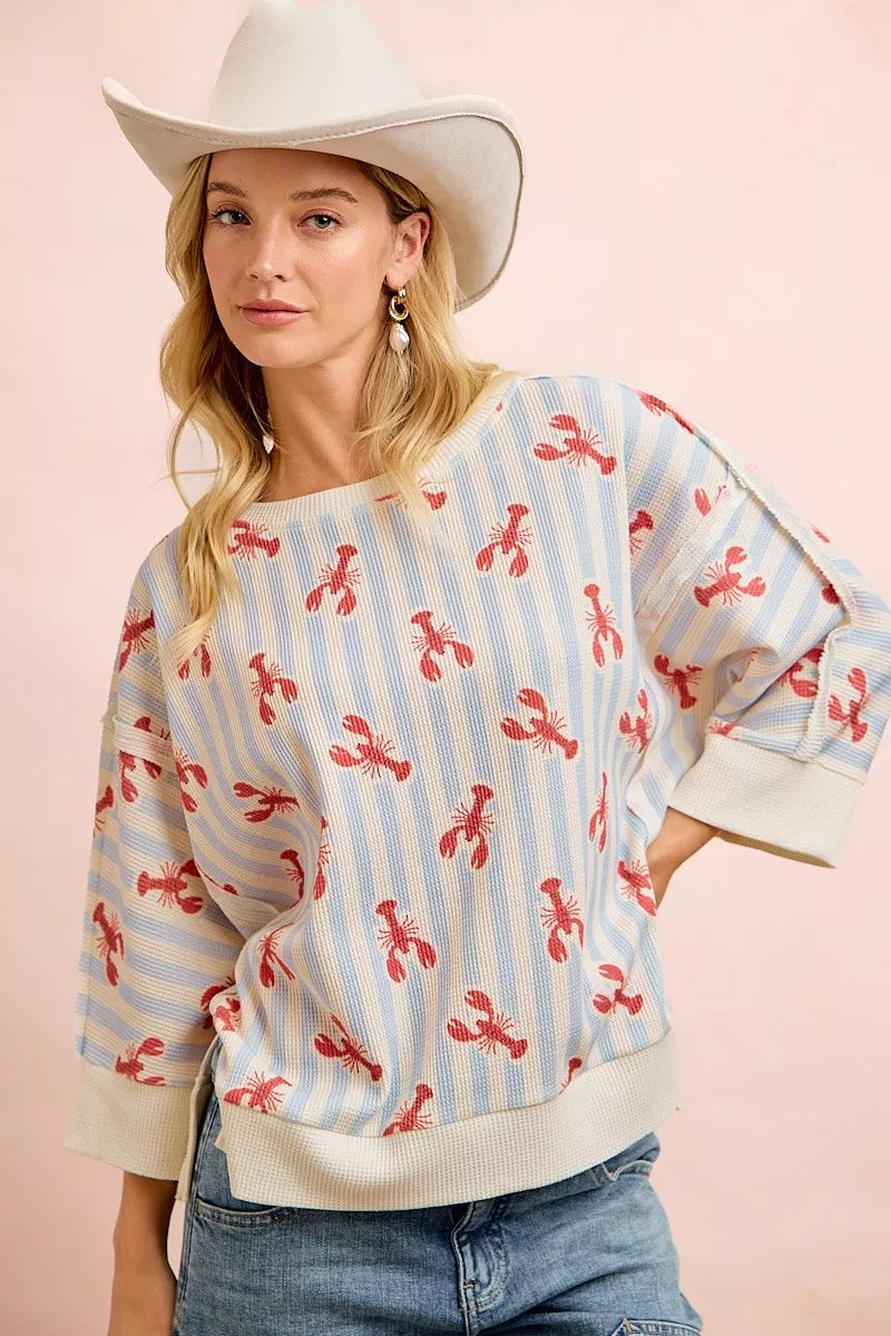 BiBi 4th Of July Lobsters Stripe Waffle Knit Sleeve Top - back view