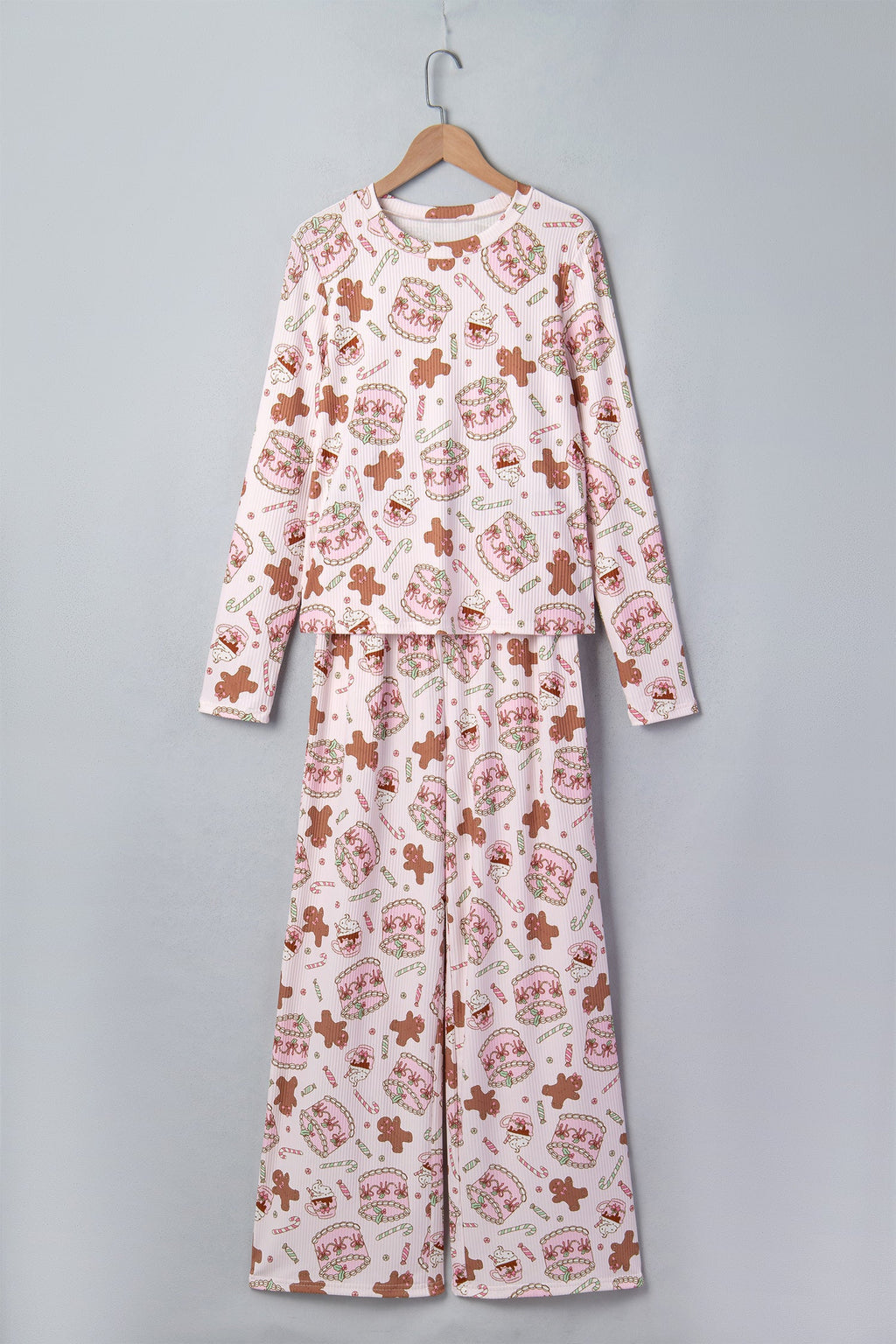 Christmas Ribbed Knit Pajama Set in pink, detail