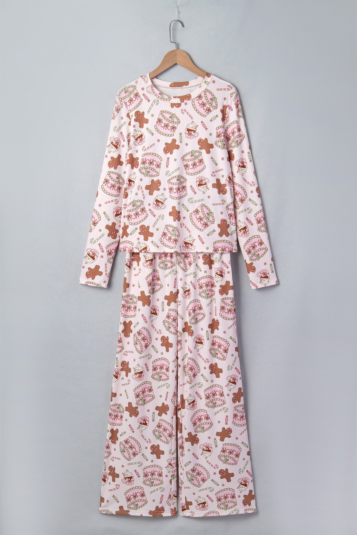 Christmas Ribbed Knit Pajama Set in pink, detail
