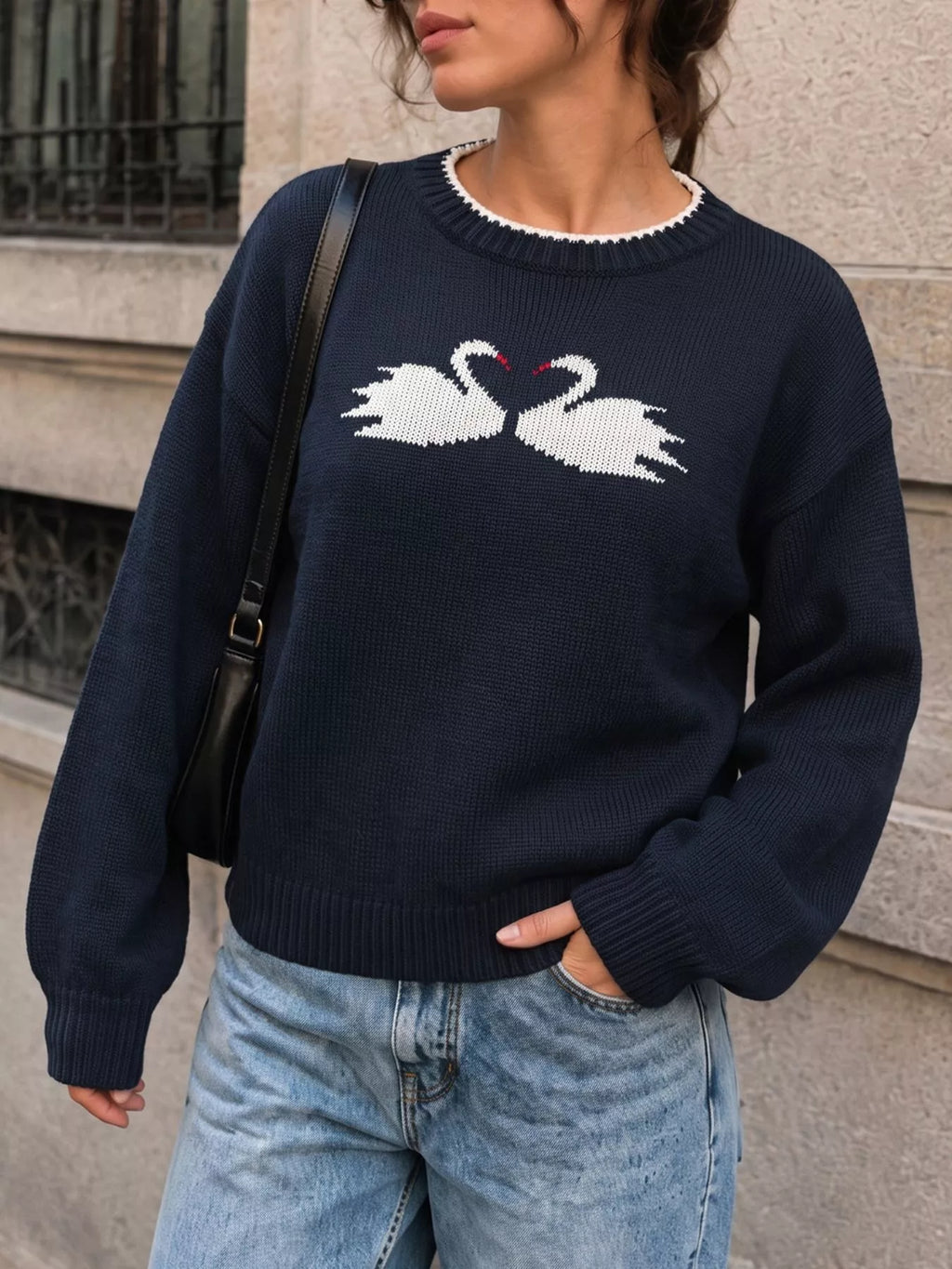 Swan drop shoulder sweater in navy, front view