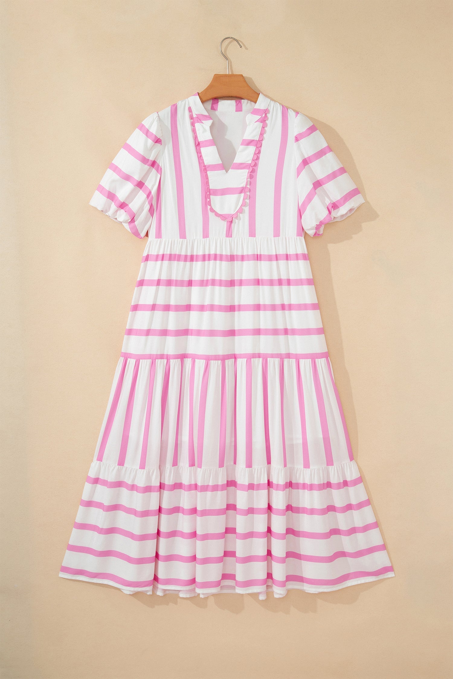 Stripe Ricrac Trim Notched Neck Midi Dress in Green Stripe with empire waistline, notched V-neckline, ricrac trim, and puff sleeves shown on model