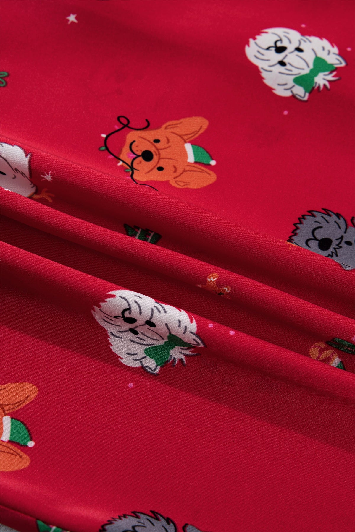 Christmas Dog Print Top & Shorts Pajama Set in racing red, collar and piping close-up