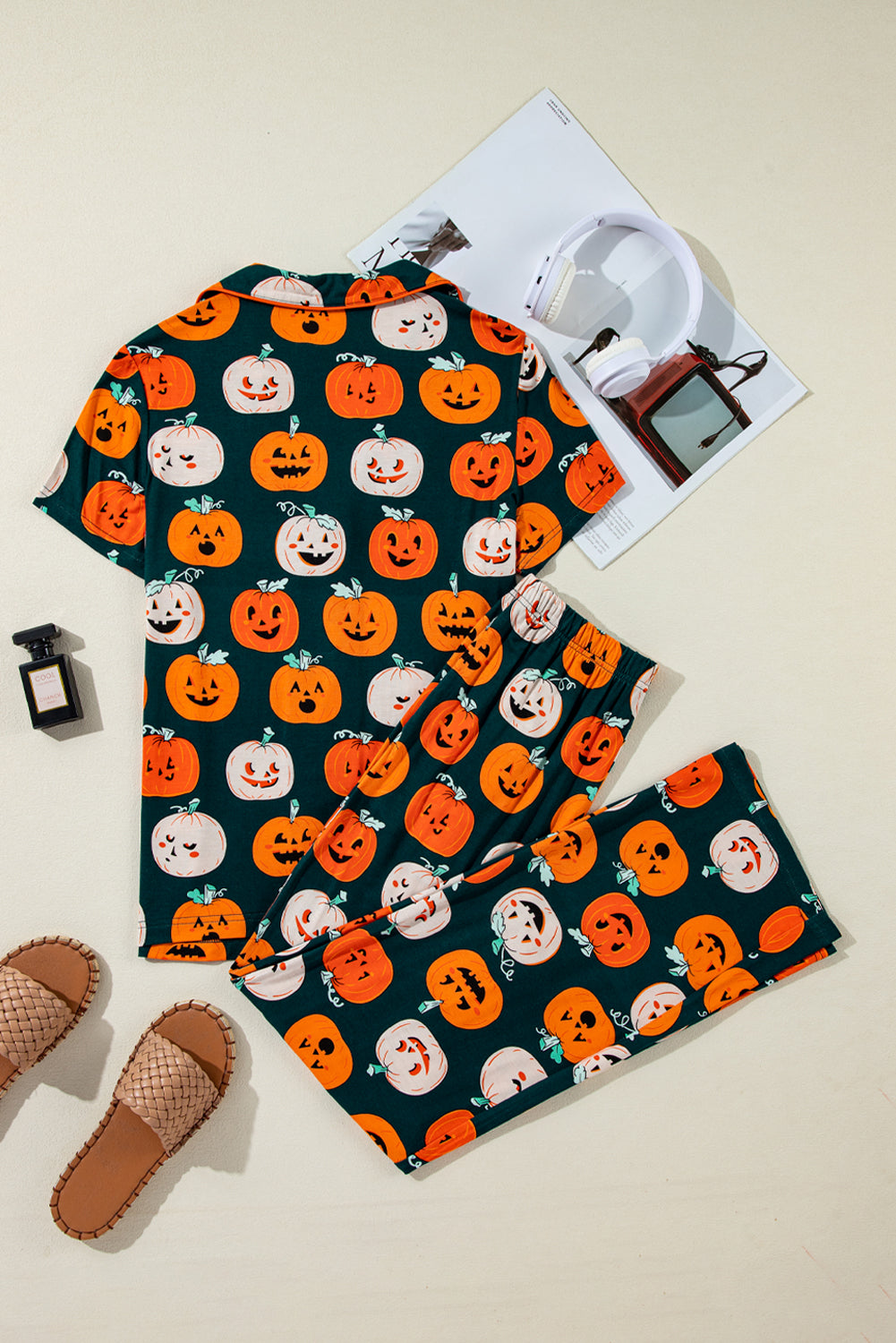 Halloween Pumpkin Shirt and Pants Pajama Set in Orange, styled view
