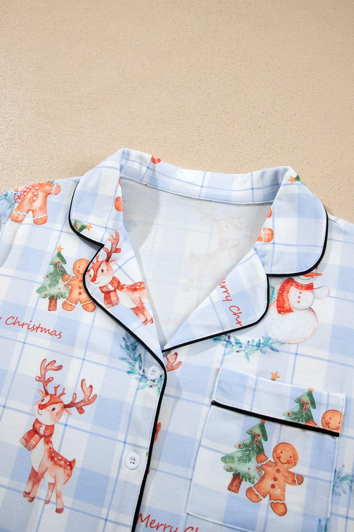 Christmas Plaid Ruffle Pajama Set in sky blue, back view