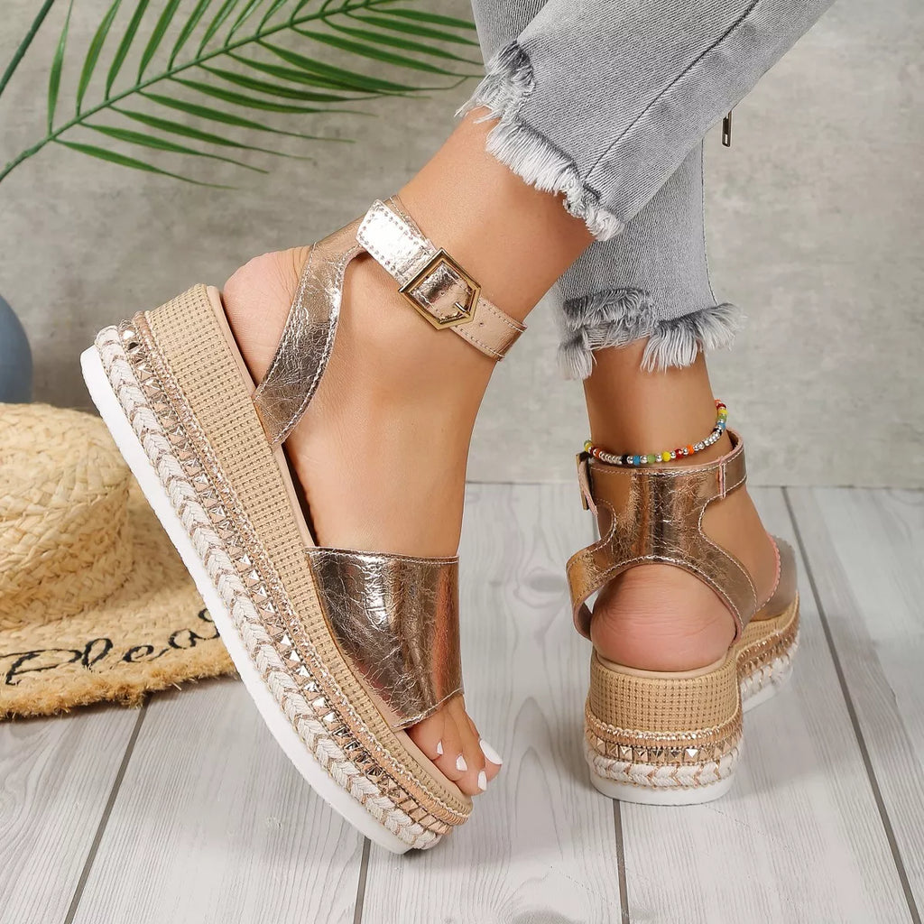Open Toe Wedge Sandals in Gold - styled outfit view