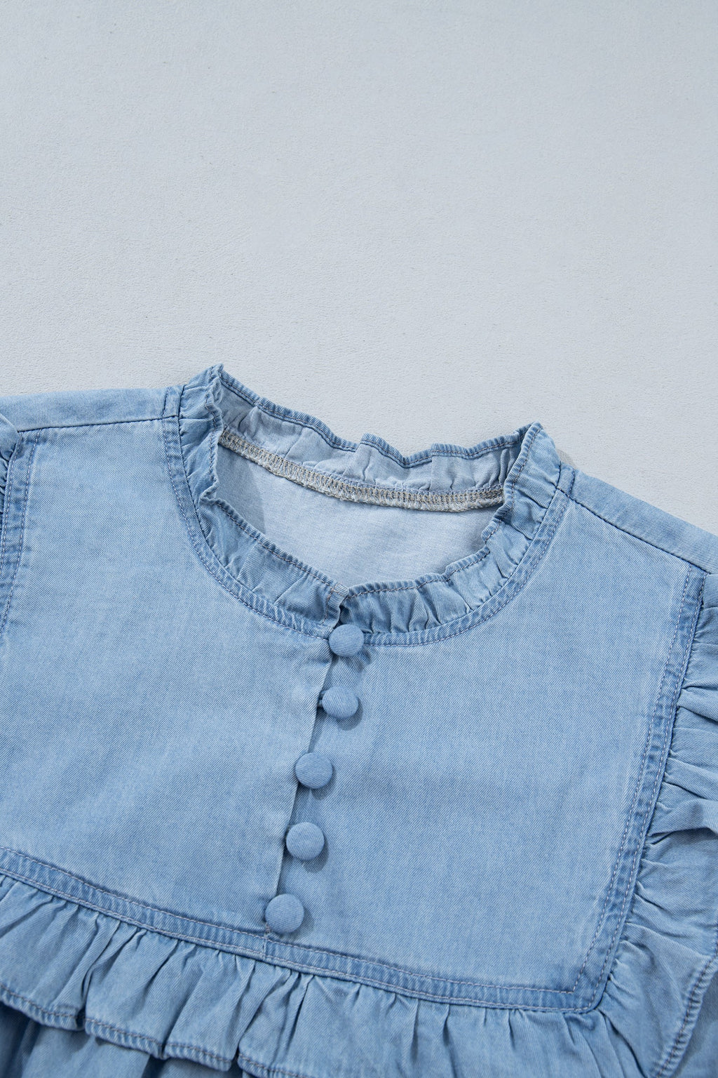 Chambray Ruffle V-Neck Blouse in beau blue, close-up