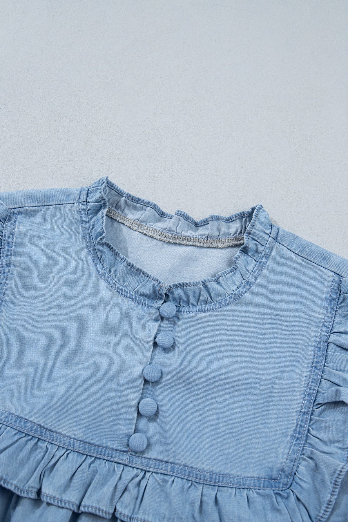 Chambray Ruffle V-Neck Blouse in beau blue, close-up