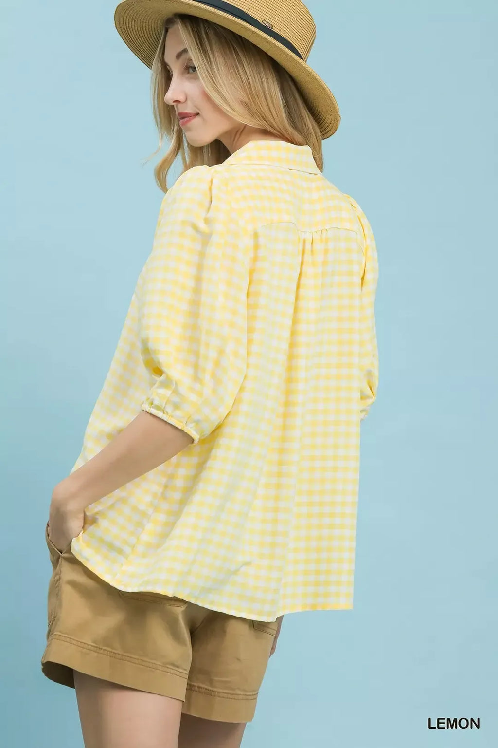 Umgee Gingham Puff Sleeve Collared Blouse in Lemon - side view