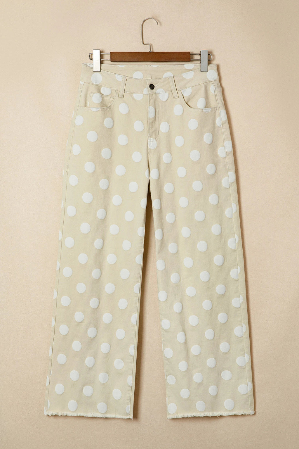 Polka Dot Denim Raw Hem High Waist Jeans in Sky Blue - close up of waistband detail