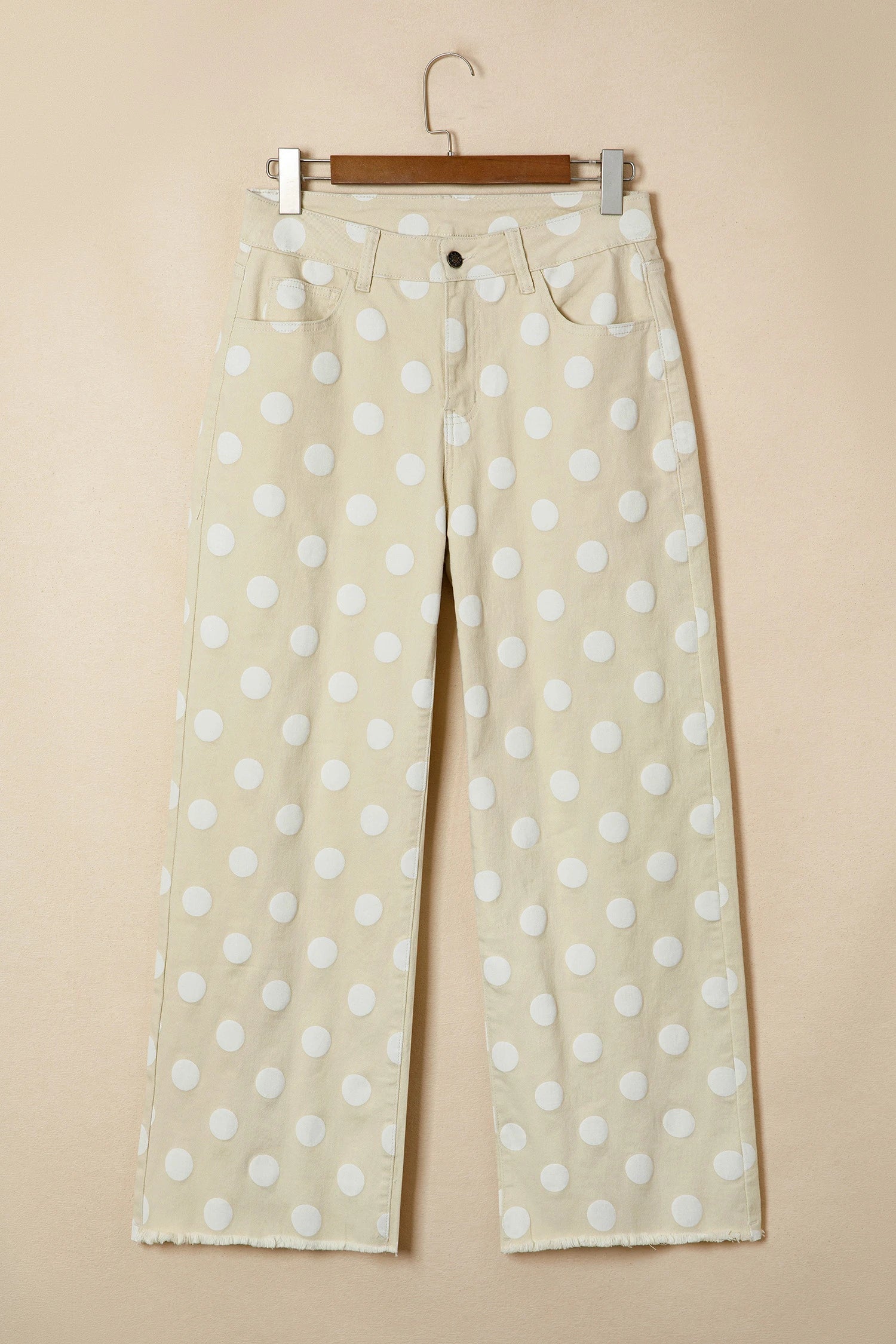 Polka Dot Denim Raw Hem High Waist Jeans in Sky Blue - close up of waistband detail