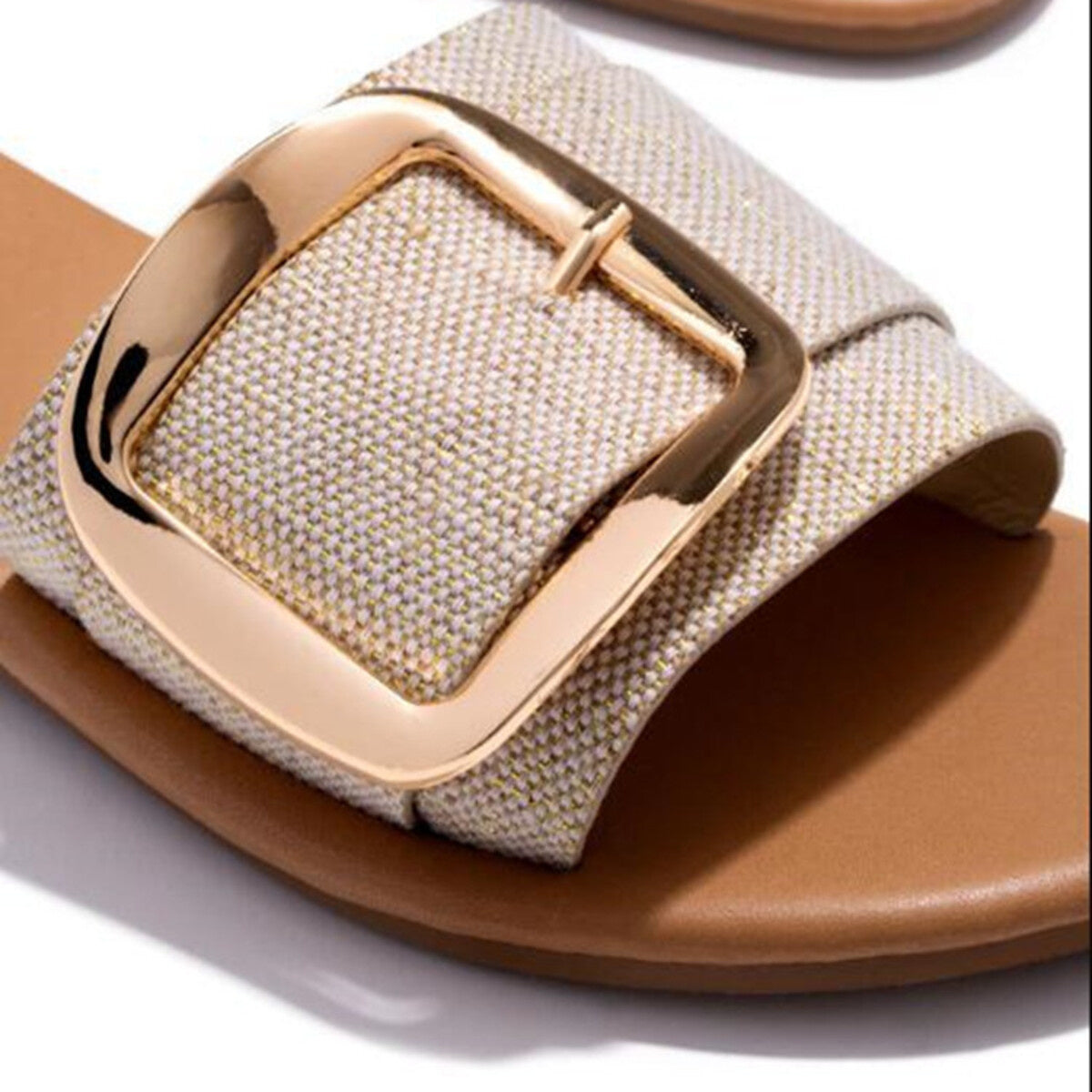 Open Toe Buckle Sandals in Black - top view showing strap detail