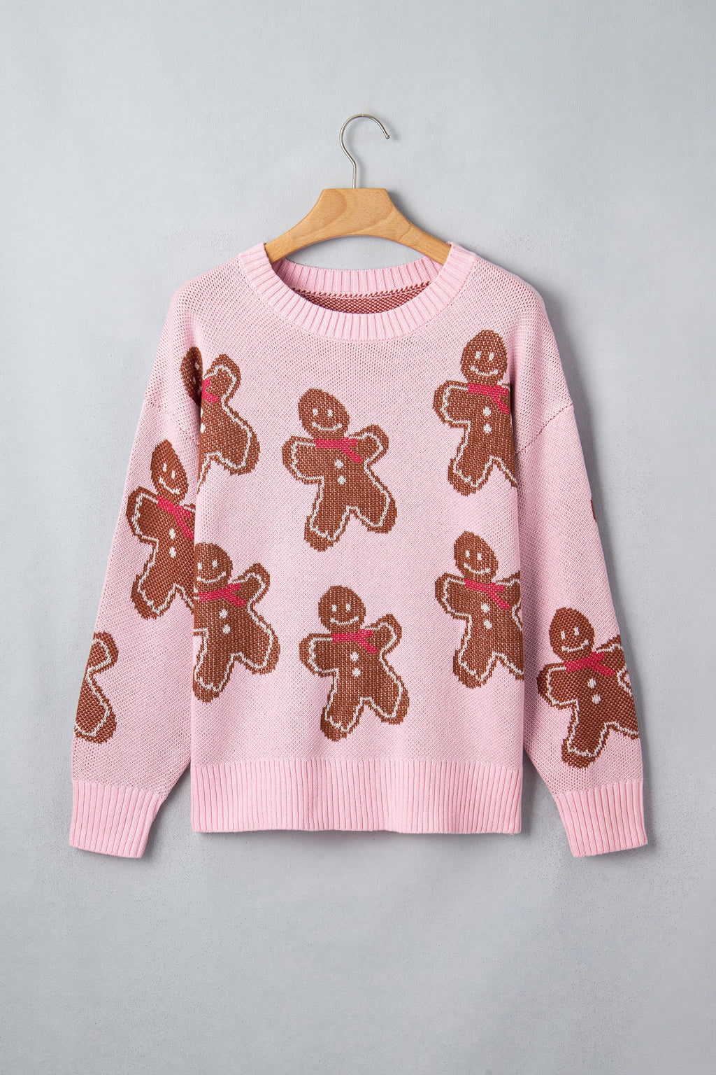 Christmas Gingerbread Round Neck Sweater in pink, detail