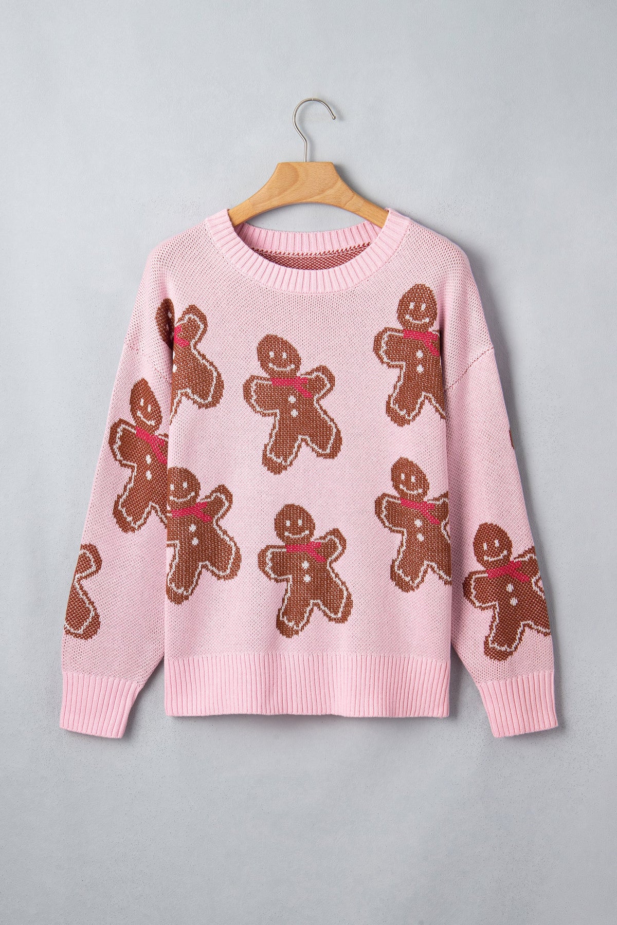 Christmas Gingerbread Round Neck Sweater in pink, detail
