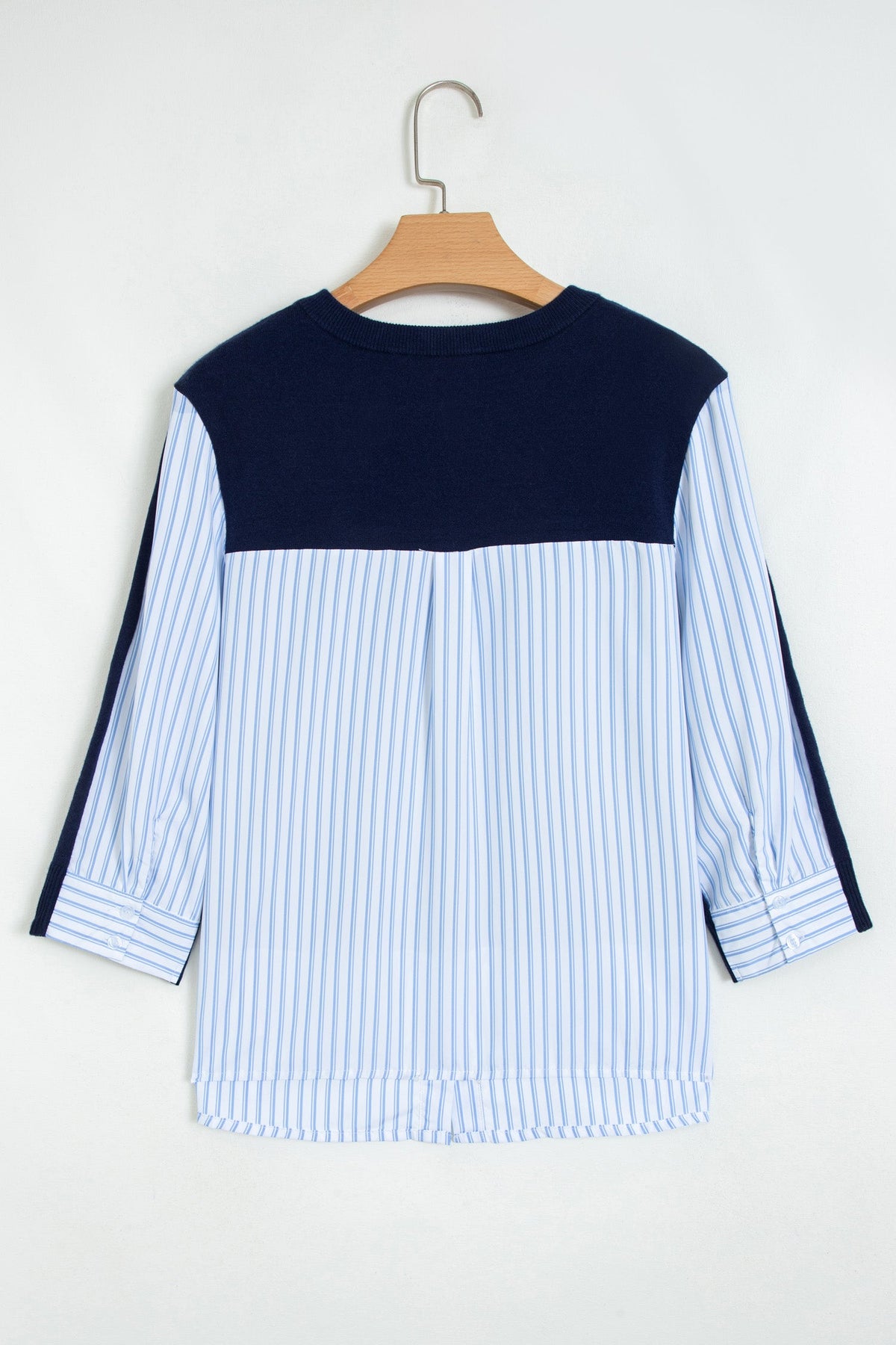 Stripe Patchwork Drop Shoulder Sweater in navy blue, side view