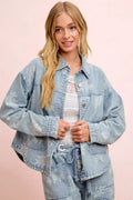 BiBi Printed Washed Denim Jacket With Pocket in Denim - front view showing floral print