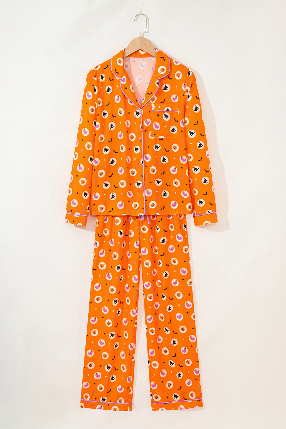 Halloween Long Sleeve Shirt and Pants Pajama Set in Orange, detail view