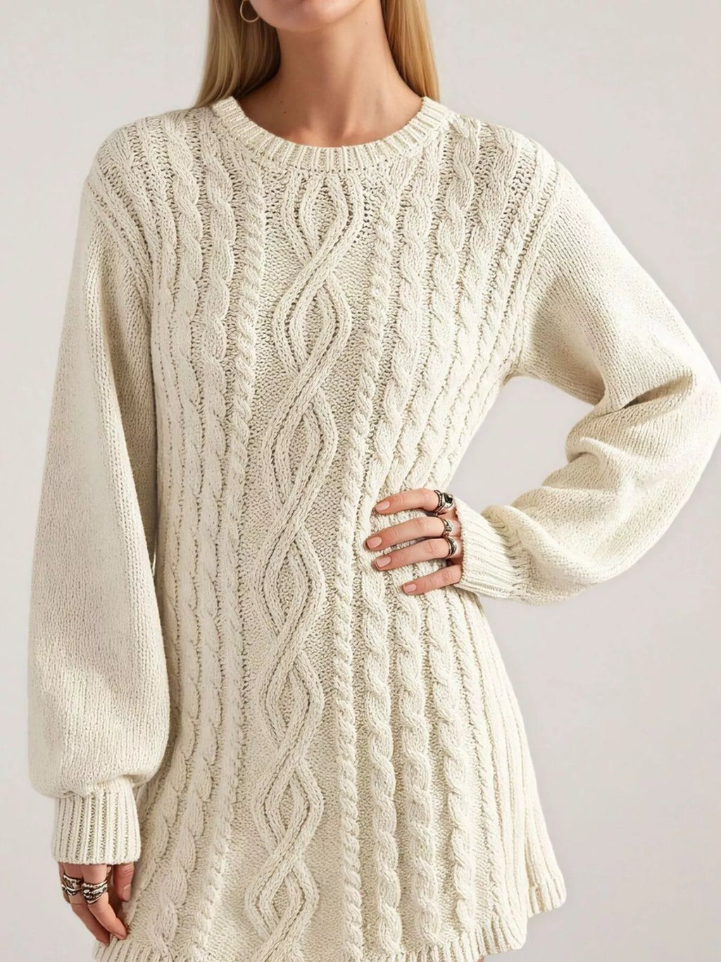 Cable knit sweater mini dress with seam detail, side view